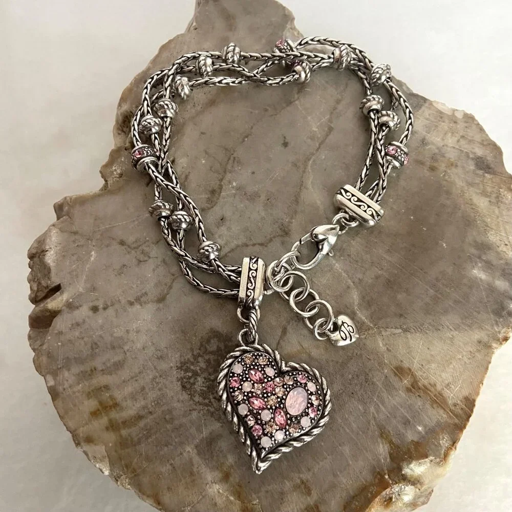 Brighton Power Of Pink Crystal Heart Charm 3 Strand Breast Cancer Bracelet
